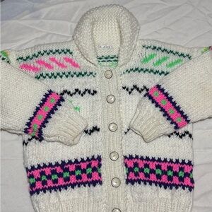 Vintage Cozy Knit Kids Sweater - Cream with Pink and Green Accents